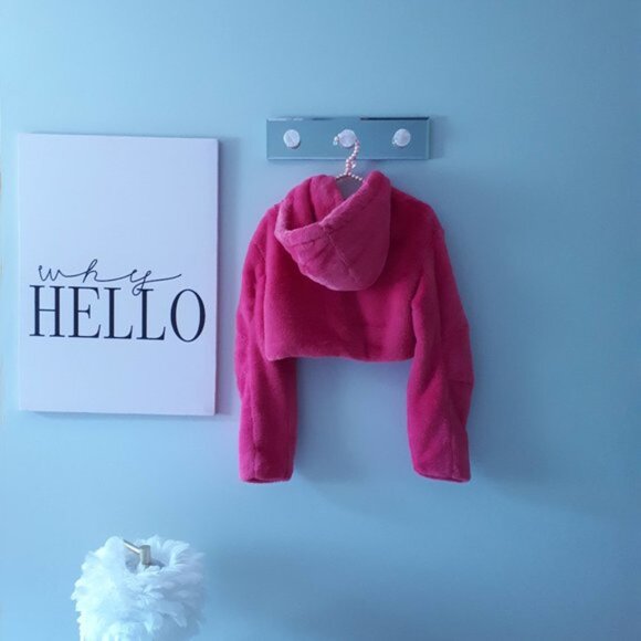 *SOLD* NWOT Bershka fuchsia pink faux fur hooded cropped teddy jacket, S - Picture 11 of 13